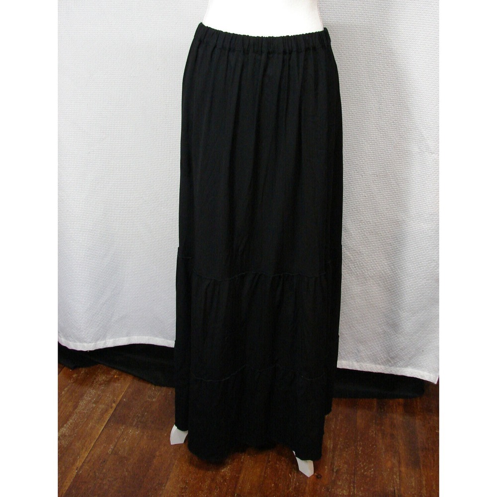 FLAX Black Rayon Crepe Tiered Maxi Skirt Pull On Elastic Waist Sz L Goth Witchy